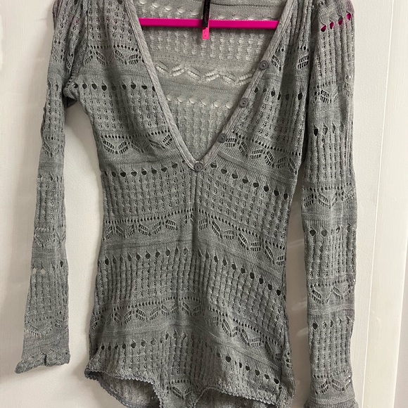 Gray Crochet Long Sleeve Bodysuit - Picture 1 of 5